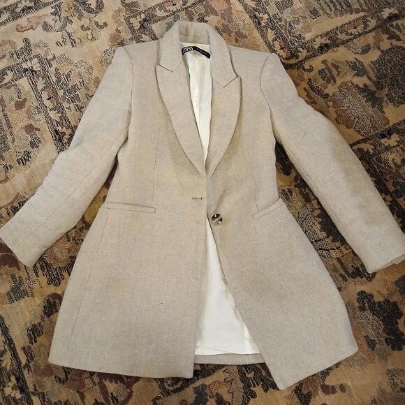 ZARA Wool Blend Single Breasted Tan/Cream Coat XS - Picture 13 of 13